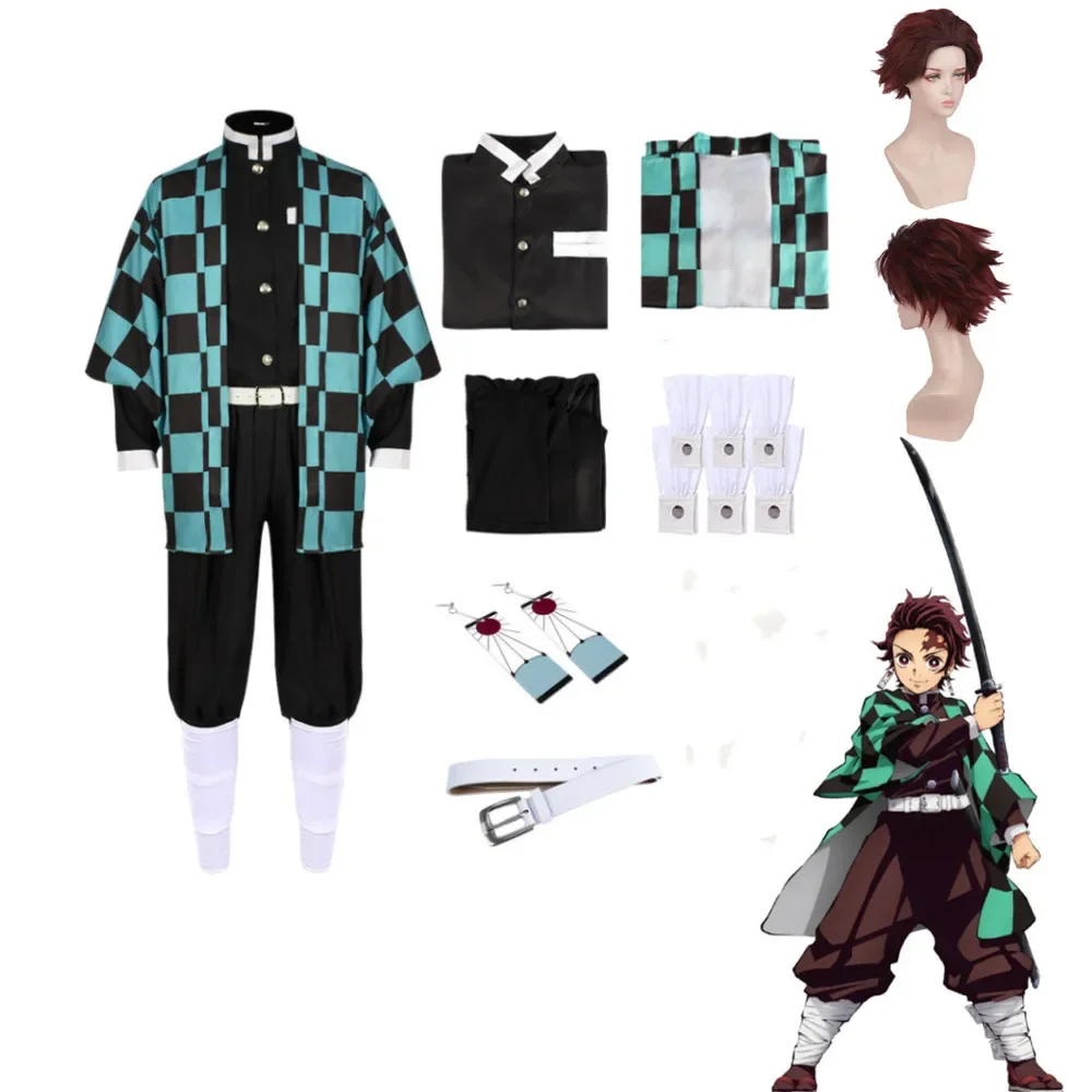 Kamado Tanjirou Cosplay Kostüm Katana Schwert Requisiten Maske Anime Kleidung Ohren tropfen Uniform Set