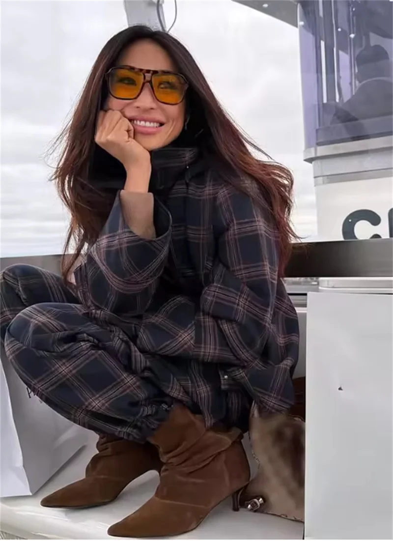 レディーススーツ 2025 冬新作 ディープブルー チェック柄 長袖 ルーズ フーディージャケット＆ワークパンツセット おしゃれでスタイリッシュ