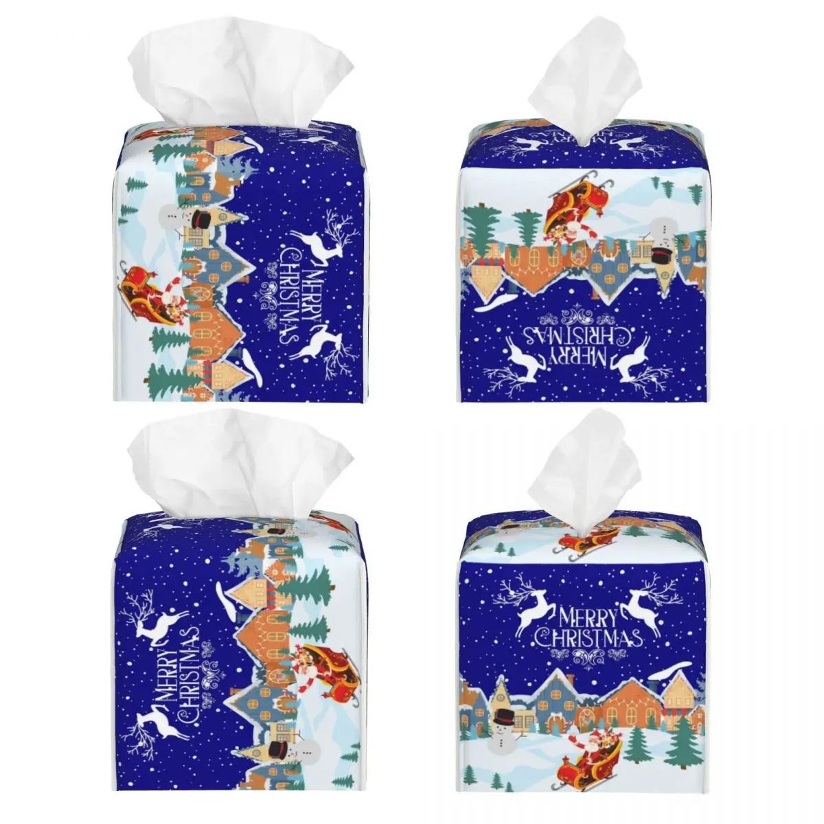 Custom Christmas Snowman Tissue Box Cover PU Leather Square New Year Gnome Facial Tissues Holder for Office