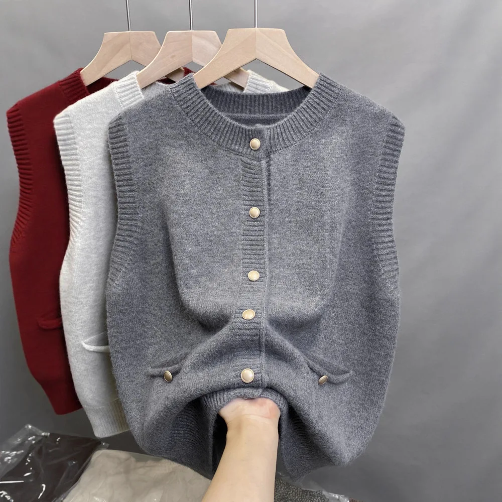 

Осень-зима женский вязаный свитер жилет новый однотонный однобортный вязаный кардиган с круглым вырезом куртка без рукавов женские топы
