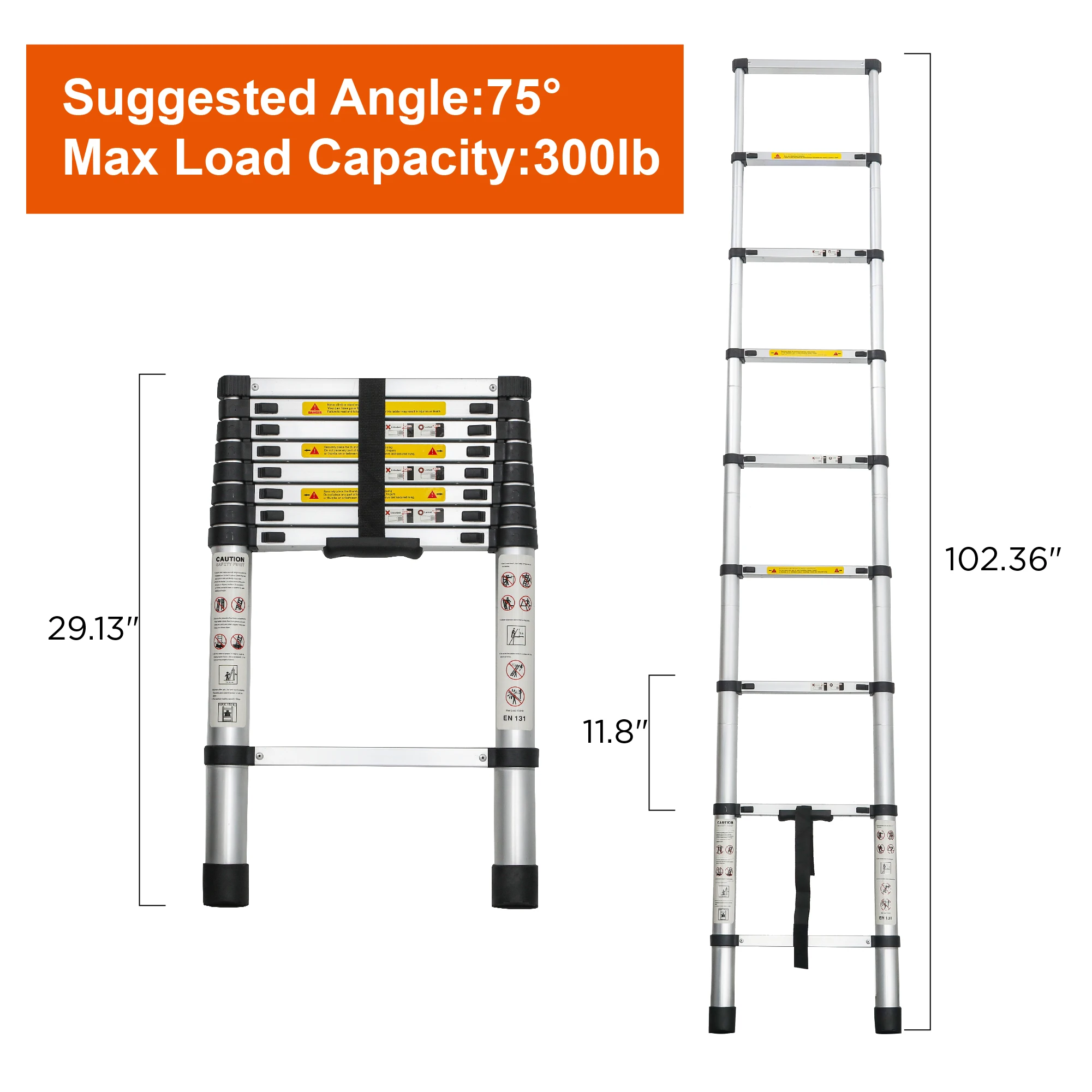 Expansion ladder 12.5 feet, telescopic extension ladder, aluminum alloy folding ladder solid and sturdy, easy to carry and store multifunctional suitable for indoor and outdoor construction site civil work, bearing up to 300 pounds