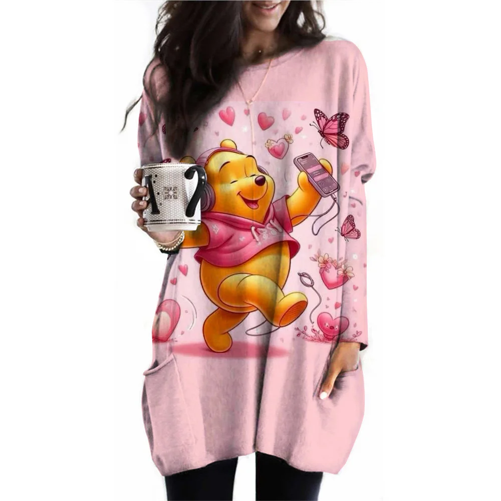 Women\'s T-shirt Spring and Autumn Round Neck Winnie the Pooh Printed Loose Long T-shirt Long Sleeve Casual Top Pocket T-shirt