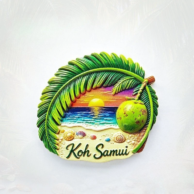 

Samui Sunset Fridge Magnet - Serene 3D Beach Coconut Souvenir Unique Thai Island Gift for Travel & Coastal Home Decor