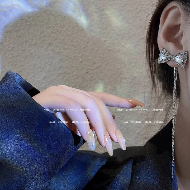 Oversized Bow Zircon Tassel Drop Earrings For Women 2022 New Fashion Luxurious Shiny Crystal Earring Korean Style Jewelry Gifts