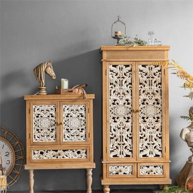 Retro carved solid wood floor cabinet, living room locker, storage cabinet, locker
