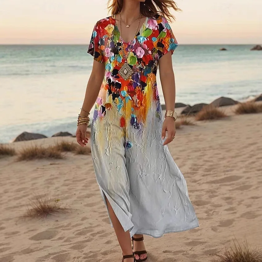 

2025 Summer Women's Dress Creative Floral New V-neck Floral Short-sleeved Stylish Holiday Beach Women's Clothing