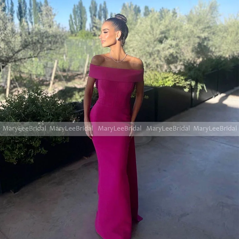 

Off the Shoulder Deep Pink Stretch Crepe Bridesmaid Dresses with Big Bow Mermaid Back Split Wedding Reception Gowns Maid Dress