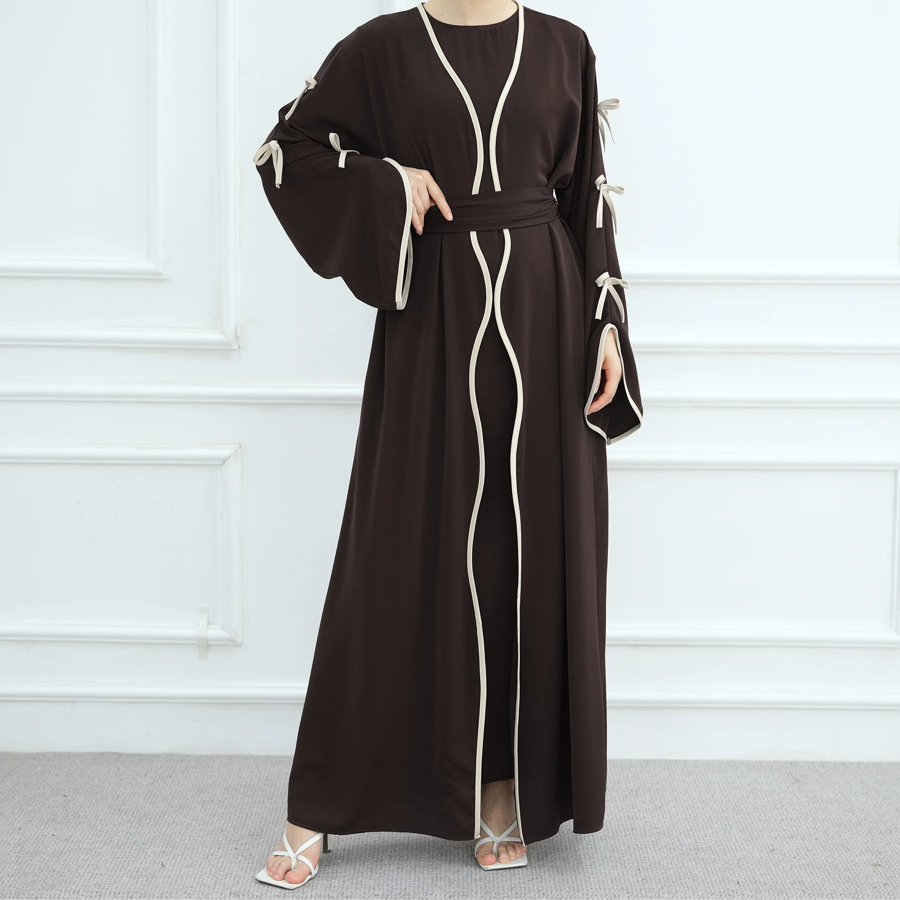 Eid Women Abaya with Inner Dress 2 Piece Set Muslim Suits Bow Party Abaya Dresses Arab Long Robe Dubai Kaftan Vestidos Jalabiya