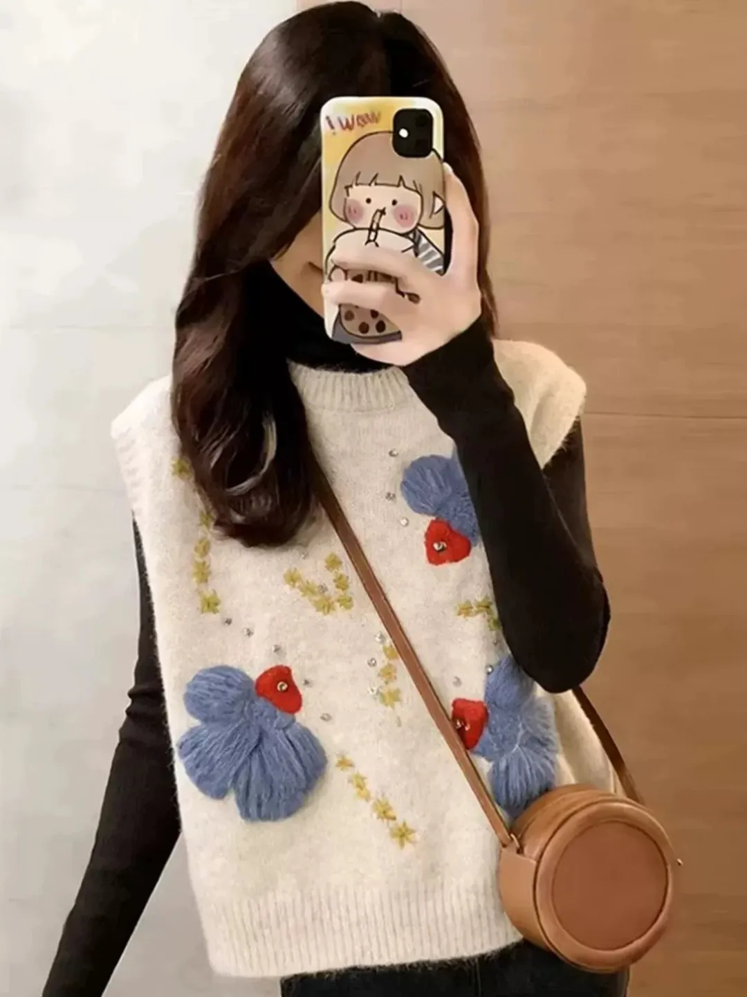 Korean Style Heavy Embroidery Knitted Fish Scale Vest Sweater Women's Sleeveless round Neck Overhead Jacket Top for Autumn