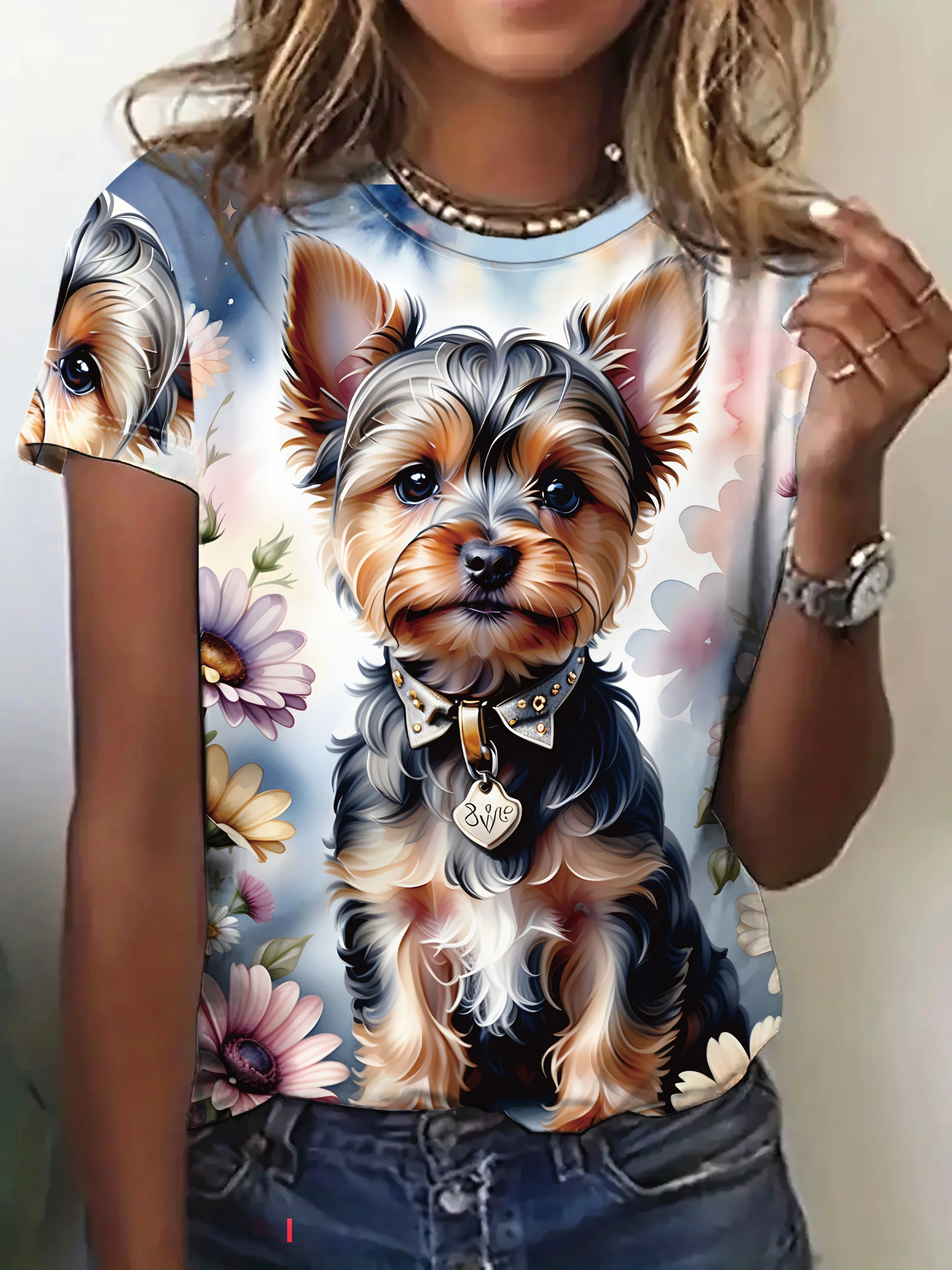 Pastel Floral Puppy Women's Tee - Cute Yorkie & 