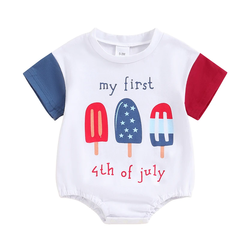 Baby 4th of July Romper Short Sleeve Round Neck Ice Cream Print Bodysuit Infant Summer Playsuit