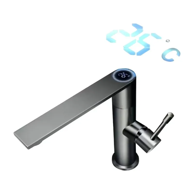 

Hotel-Standard Modern Smart Water Tap Thermostatic Deck Mount Bathroom Faucet Digital Display Gun Grey Basin Sink Faucet Ceramic