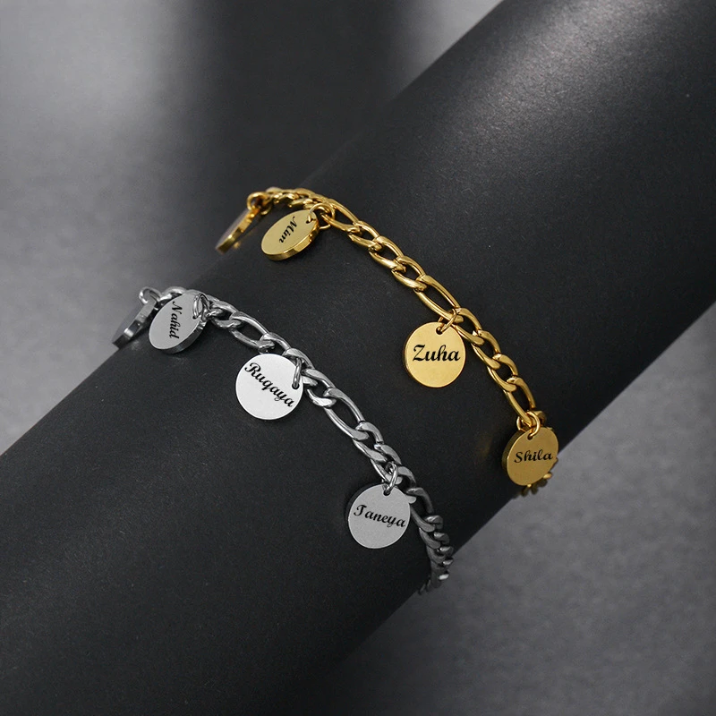 Personalized Custom Carving 1-3 Names Round Charm Stainless Steel Friendship Bracelet for Women Couple Jewelry Pulsera Mujer