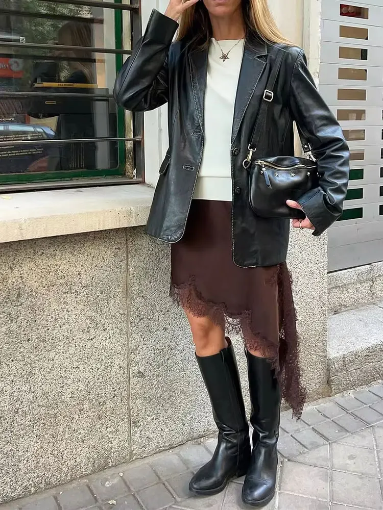 HH Women Elegant Fashion Asymmetrical Lacesplice Skirts High Waist Elastic Waist Midi Skirt Summer Casual Holiday Chic Skirts