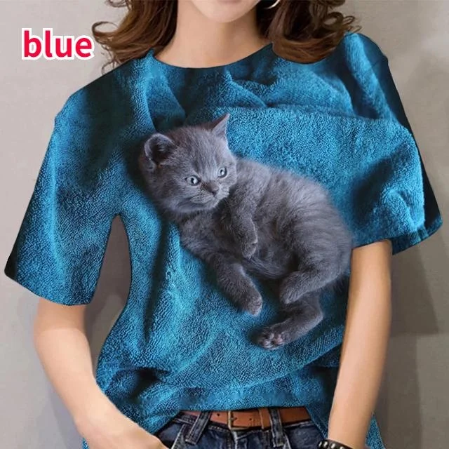 

Famale Cute Cat 3D Print T Shirt Women O-Neck Harajuku Kawaii Tee Casual Summer Short Sleeve T-Shirts