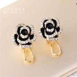 Sexy and Shiny Rhinestone Black Camellia Flower Earrings Luxury Accessories for 2024 Fashion Jewelry Women's and Girls' Party