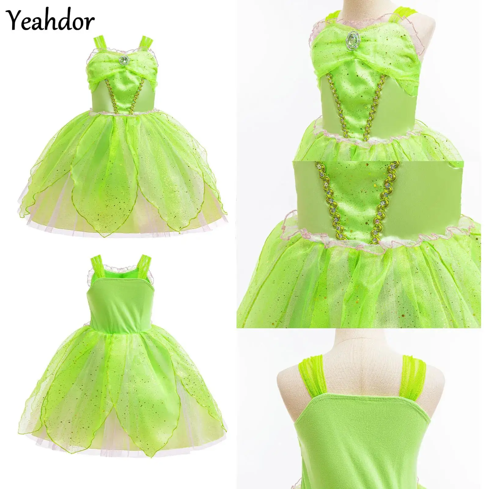 

Halloween Fairy Princess Cosplay Costume for Girls Fancy Green Eif Dress Carnivals Ball Gown Sleeveless Ruched Ballet Tutu Dress