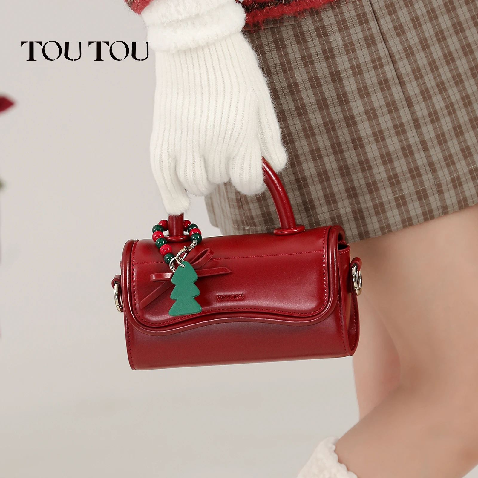 toutou red pu leather shoulder bag solid color large capacit red bowling bag boston bag gift for girlfriend korean popular bag