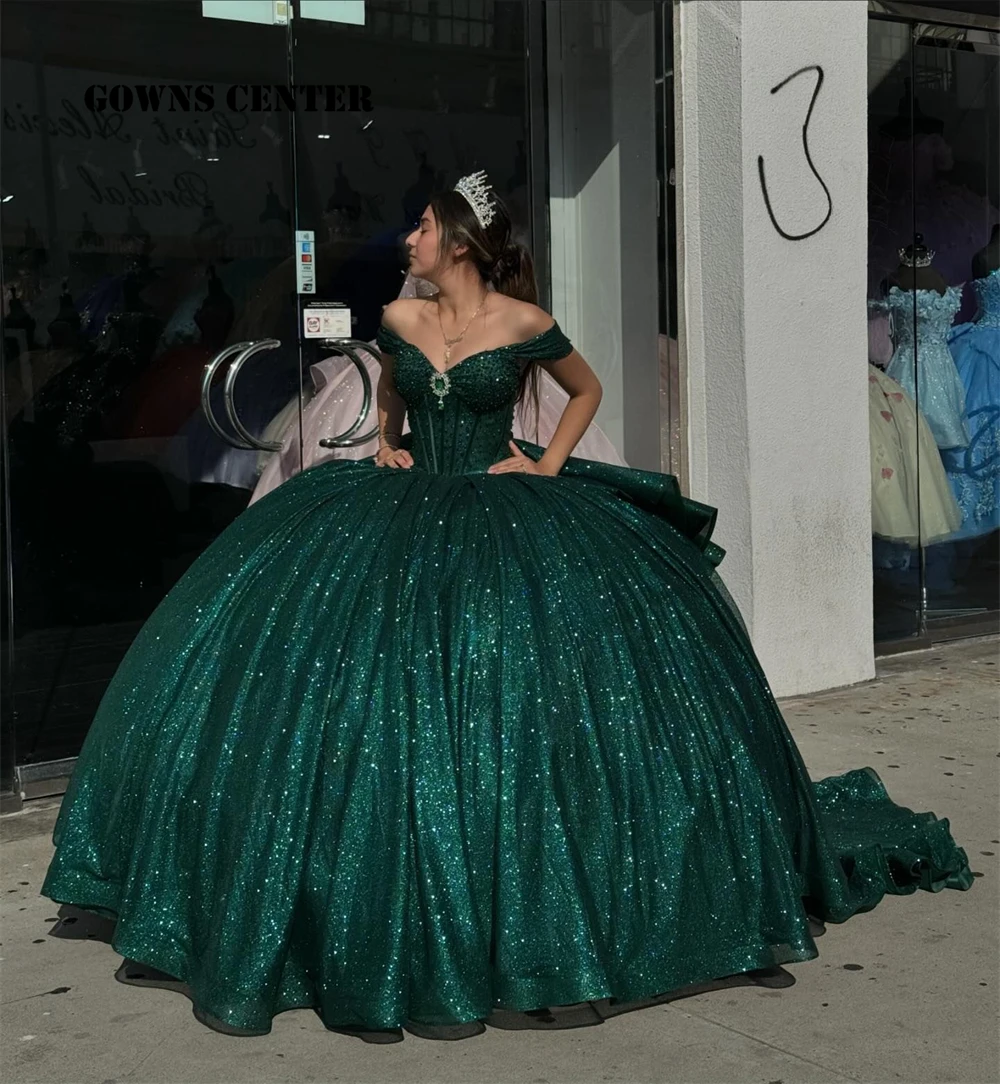 Shinny Green Crystal Ball Gown Quinceanera Dress Off The Shoulder Beaded Princess Sweet 15 Dress Corset Vestidos Customized