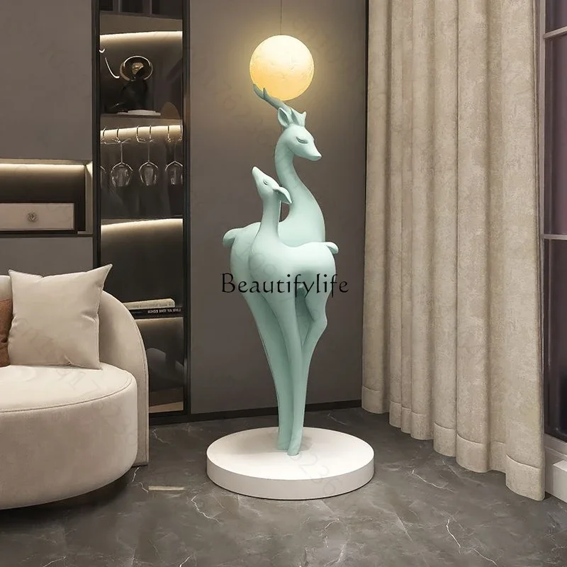 03.Large Deer Floor Sculpture with LED Night Light Luxury Reindeer Art Statue for Living Room Home Decor Standing Floor Ornament