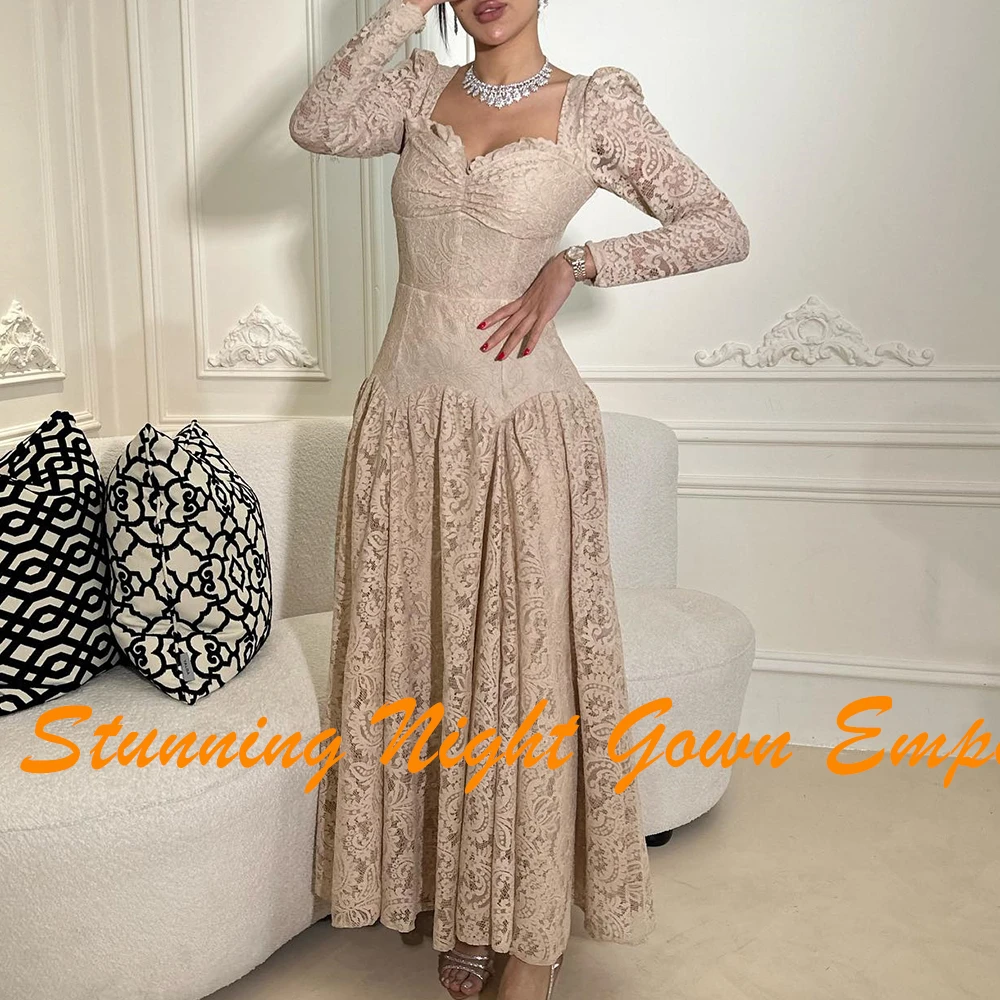 CustomizedExquisite Ankle Length Lace Pleats Evening Dresses Graceful A-Line Sweetheart Long Sleeves Party Gowns فساتين سهره نسا image 3