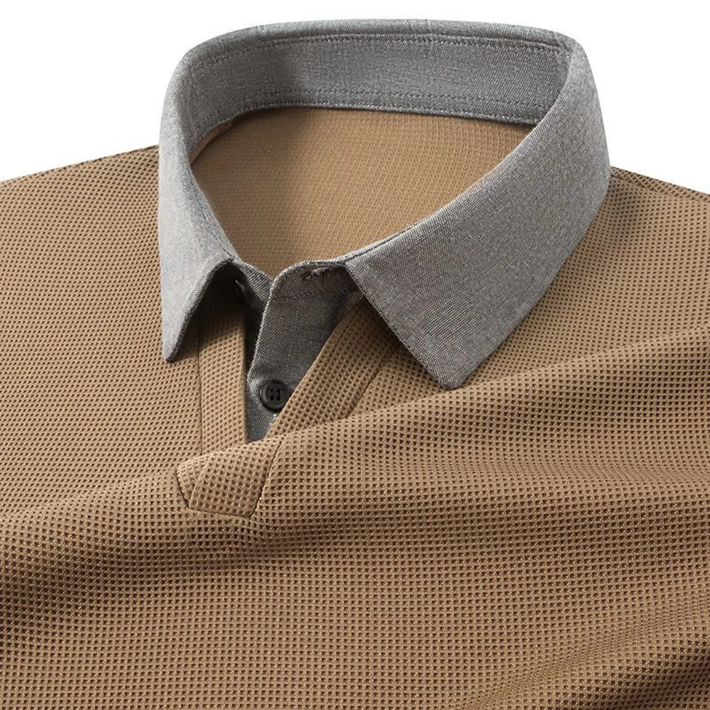 

Long Sleeve Shirt Collar Fake Two-Piece Waffle Knit T-Shirt Men's Spring Autumn Layered Trendy Undershirt Male Clothing