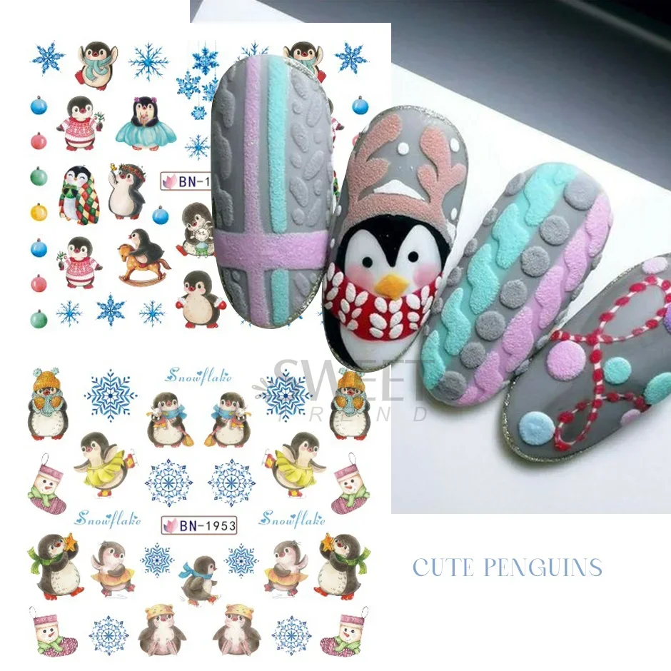 12 pçs bonito pinguim inverno adesivos de unhas conjunto pássaros urso gato animal floco de neve sliders decalques de água decoração 2024 dicas de