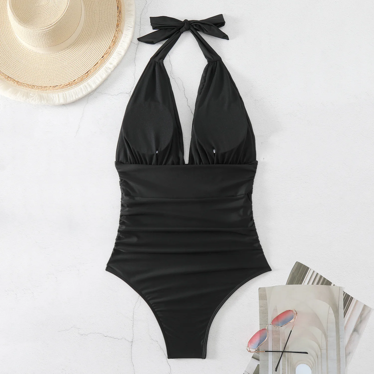 New European and American solid color one-piece swimsuit women's backless sexy conservative swimsuit