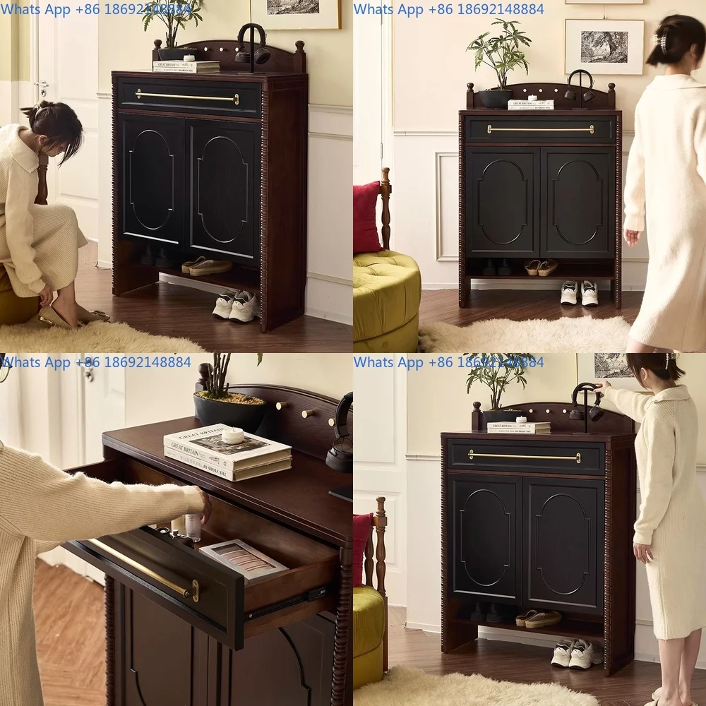 

French Style Vintage Solid Wood Shoe Cabinet Storage Unit for Entryway Wall Mounted Hallway Organizer Small Space Divider