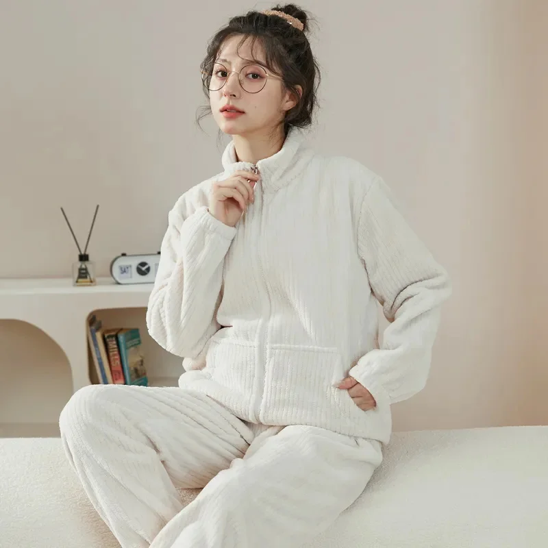 New Coral velvet Pajama Two-piece set Zipper Sleeping Sleepwear Autumn Winter Underwear Set Nightie Warm Pajamas Pyjamas Women