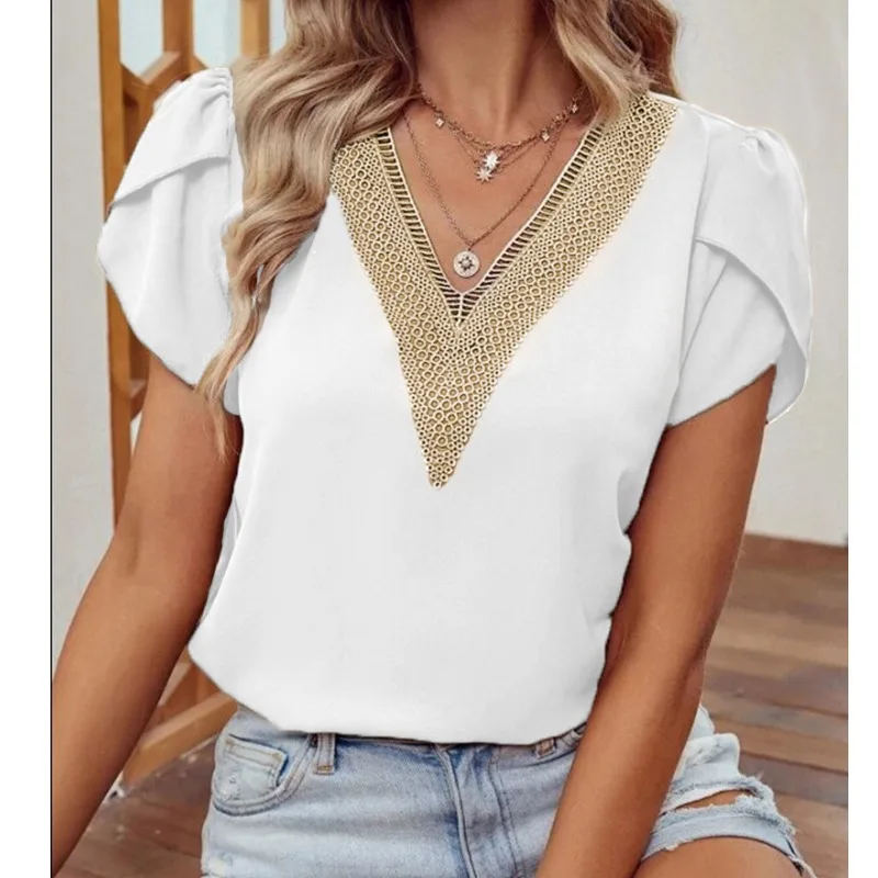 

Новинка лета OL Sle Commute Hollow out V-Ne Petal Sve ort Sve White Универсальный топ Женский айс Faionable Busines...