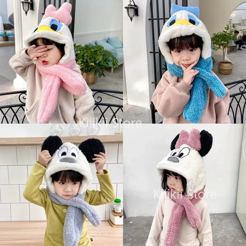 Disney Minnie Cartoon Plush Animal Faux Fur Full Hood Hat Women Girls Kids Costume Beanie with Long Scarf  Earmuffs Cute for Boy