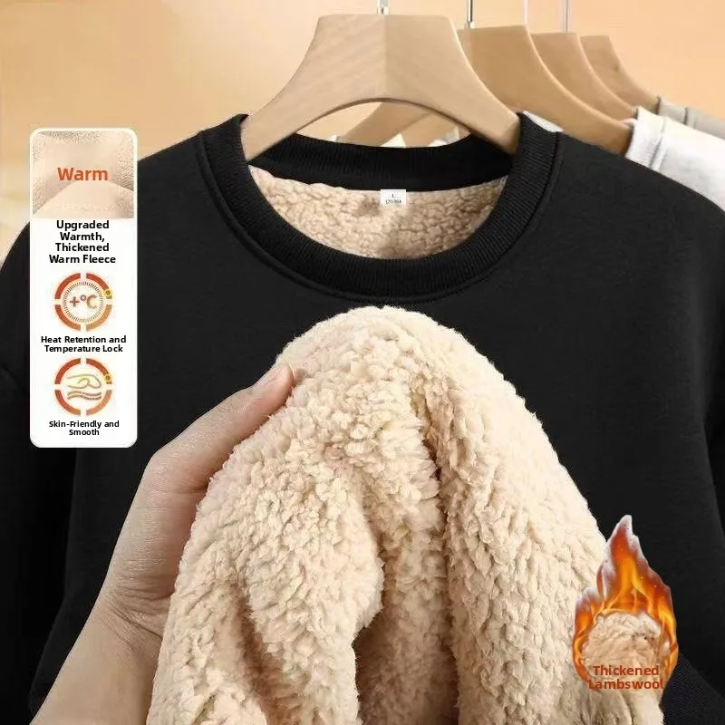 Thickened Fleece Lined Autumn Winter Lamb Velvet Sweatshirt Unisex round Neck Pullover Heavyweight Warm Base Shirt Casual Loo...