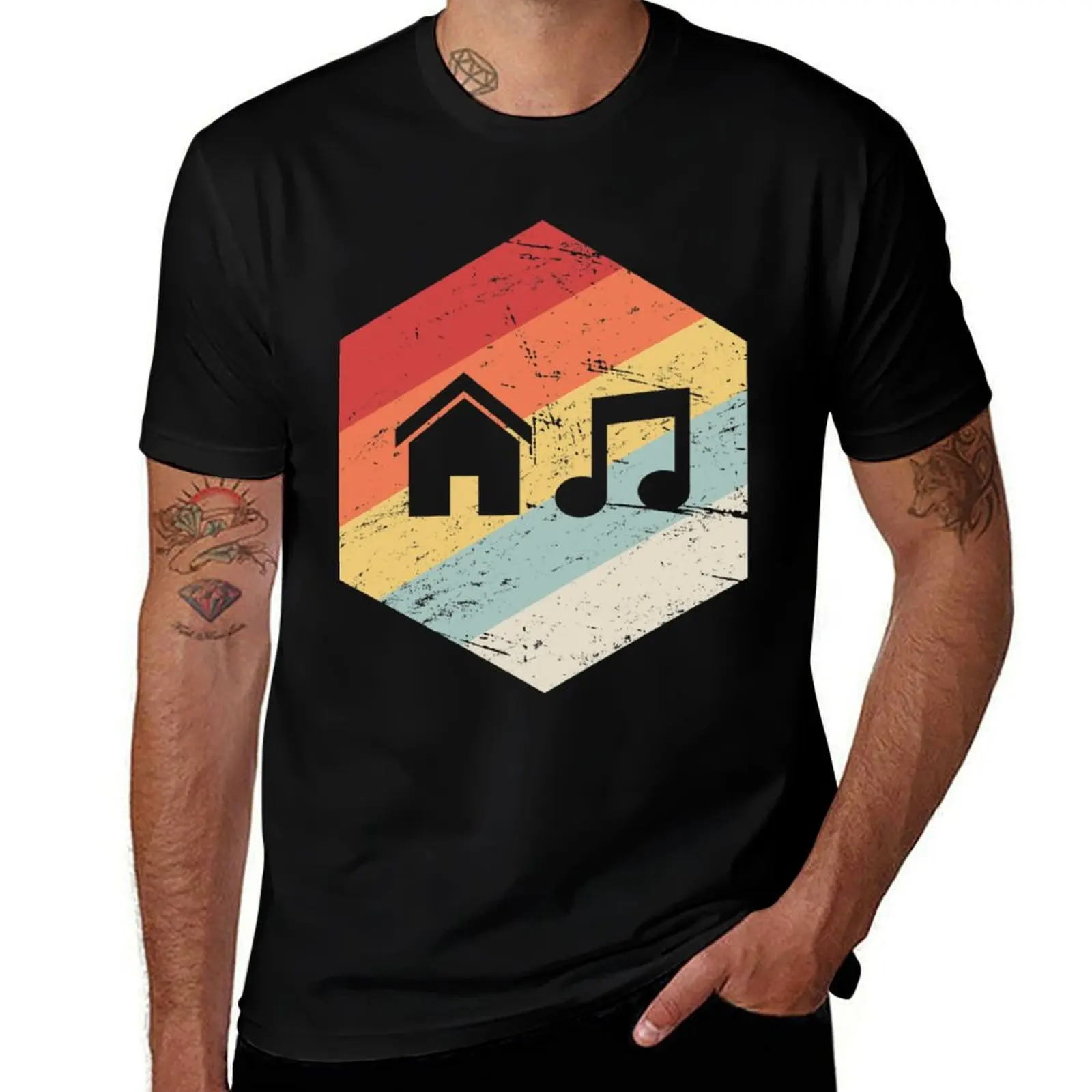 House Music-Vintage Retro Hexagon, T-Shirt Basic Solid Tee for Daily Use T-Shirt