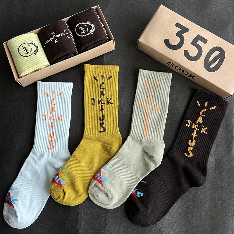 Herrensocken 3 Paar/Box Cactus Jack Socken Baumwolle Sport Hip Hop Basketball Skateboard Braun/Gelb Sockken Großhandel Herren Geschenk – Detail 5