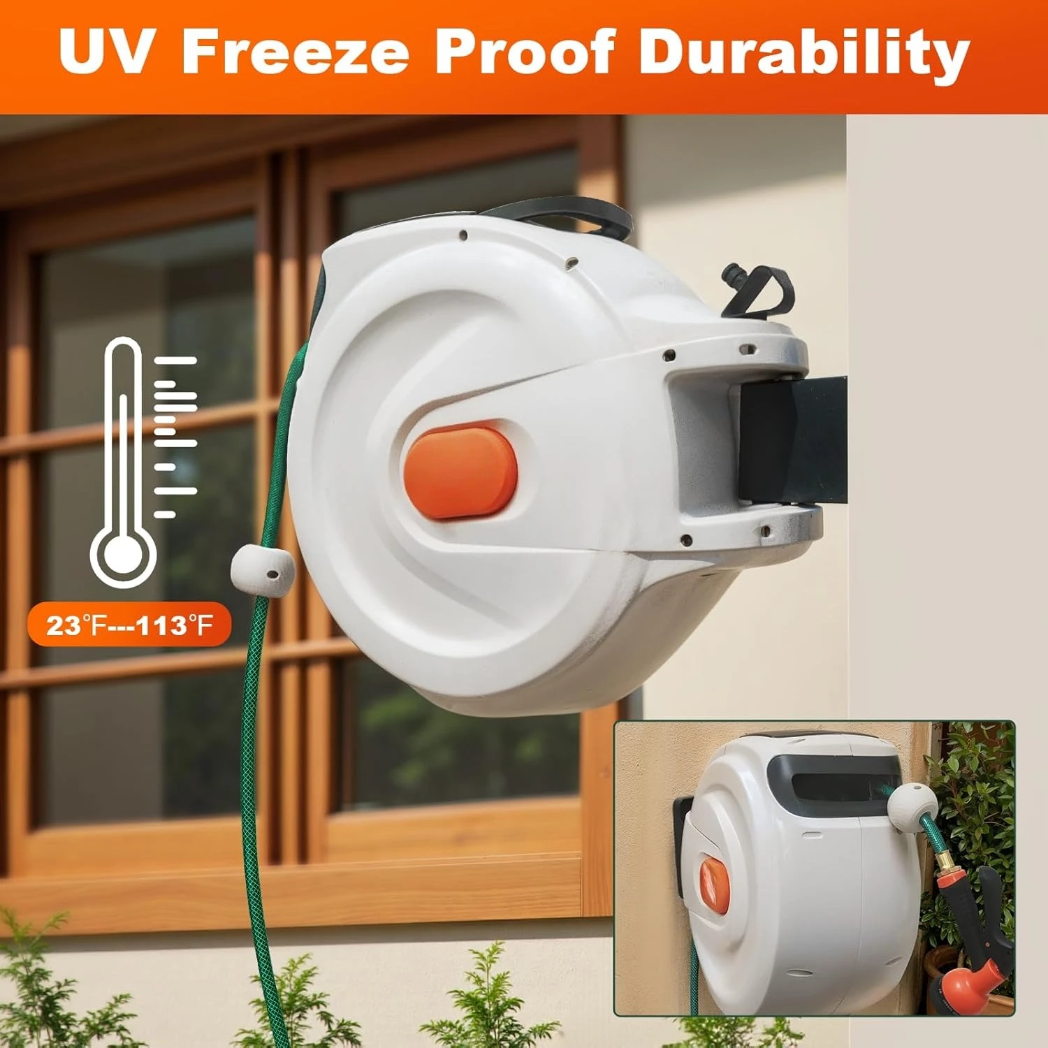 

Retractable Garden Hose Reel,1/2 Inch x 100ft Wall Mounted Hose Wall,180° Swivel Bracket,With Built-in Nozzle,New Popularity