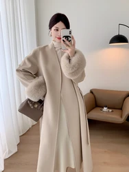 2023 New Winter Wool Coat Fox Fur Cuffs Long Hepburn Style Double-Faced Woolen Goods Cashmere Overcoat Jackets Fashion Show