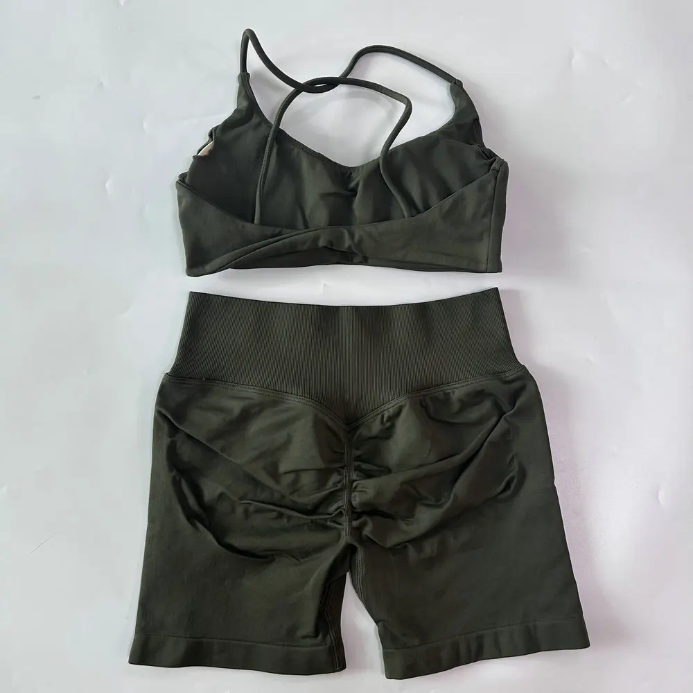 2-teiliges Set Damen-Outfit, nahtloser Yoga-BH mit Riemchen und Twist-Rücken, Scrunch-Shorts, Sportanzug, Fitness- und Gym-Kleidung, Yoga-Set – Detail 15