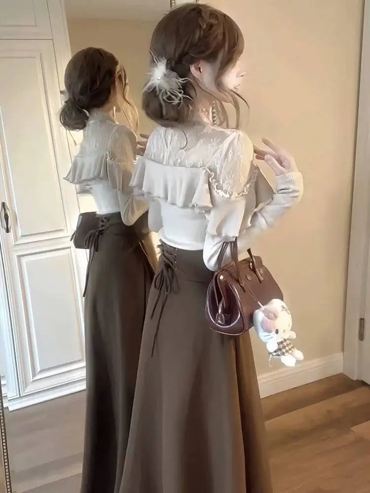 France Elegant Printing Two Piece Set Women Retro Long Sleeve Tops + Pleated Skirt Suits Vintage Chic Designer Formal Clothes