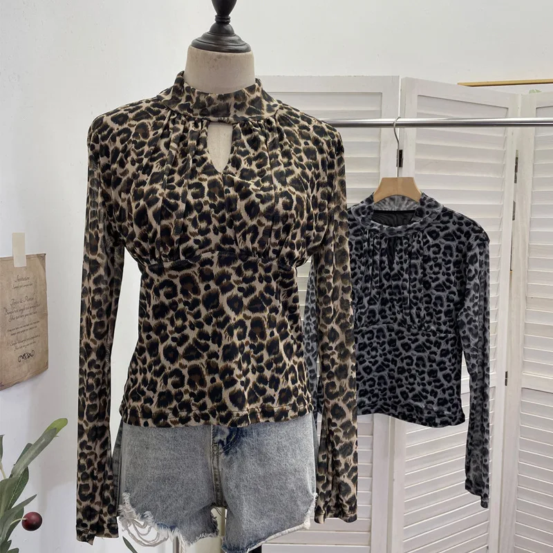 Leopard Print Stand-up Collar Hollowed Out Sexy Long-sleeved T-shirt Bottoming Shirt Mesh Spice Girl Top