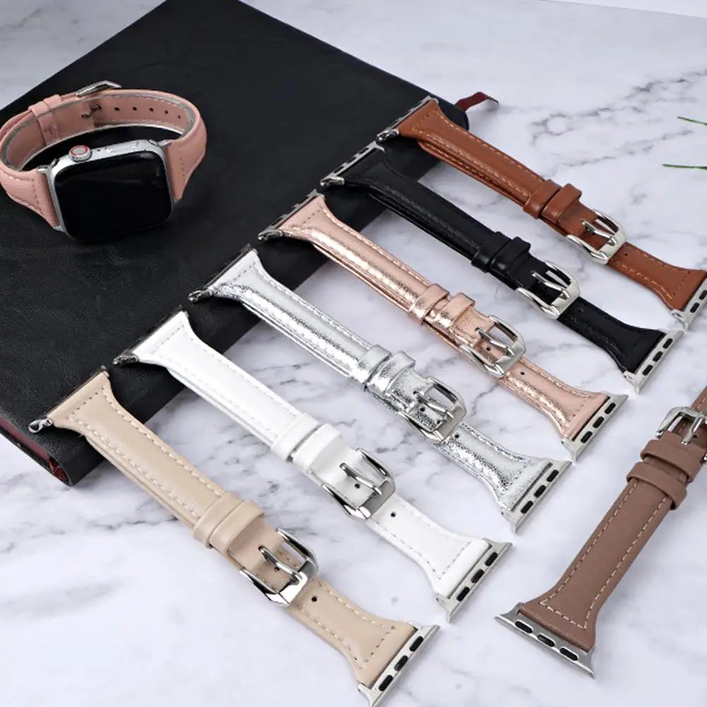 Тонкий кожаный ремешок для Apple Watch, браслет для iwatch Series Ultra2 se 5 6 7 8 9, 40 мм 41 мм 44 мм 45 мм 42 мм 38 мм 49 мм