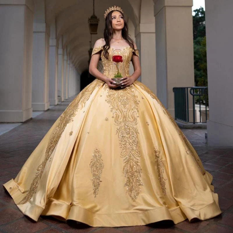 Robe de Princesse Quinceanera Dorée à Épaules Dénudées, Longue Jupe Bouffante, Cadeau de ixd'Anniversaire, Concours Formel, Doux, 15, 16 Ans, 2025