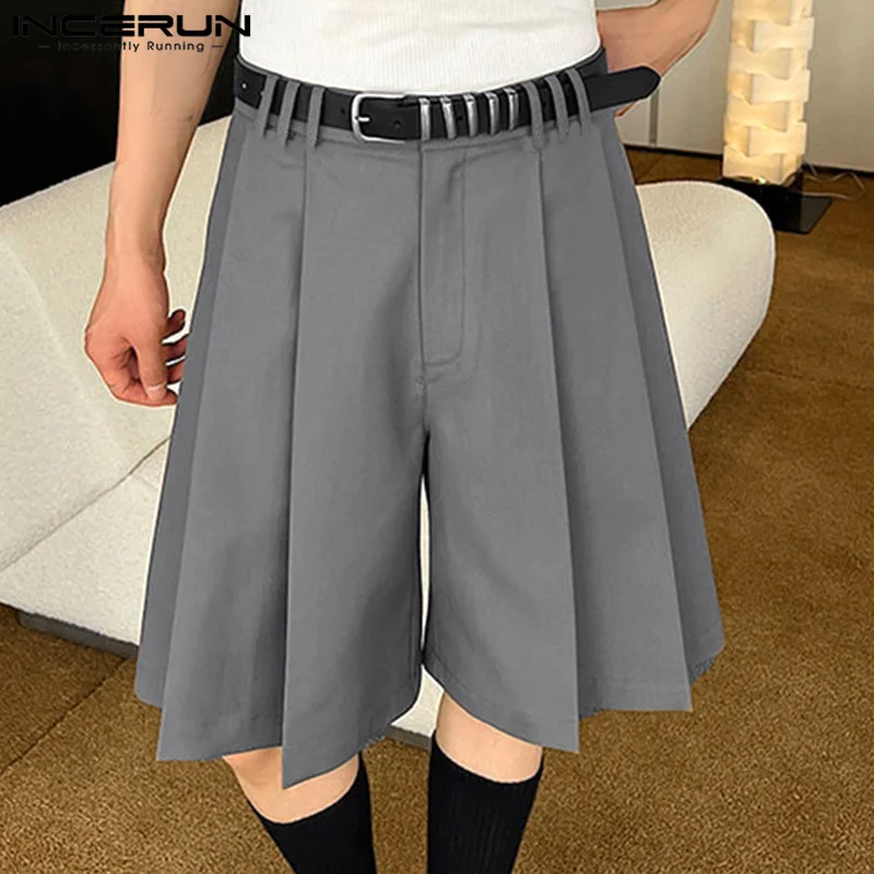 INCERUN 2024 Korean Style New Men\'s Shorts Loose Pleated Design Wide Leg Pants Casual Streetwear Solid Comfortable Shorts S-5XL