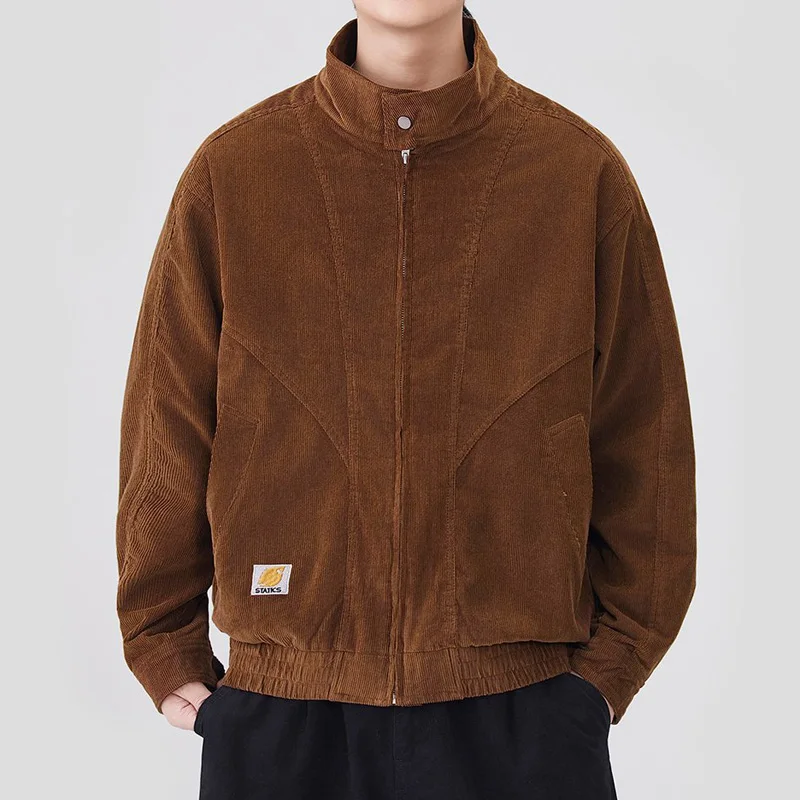 الرجال الوقوف طوق الكورية أزياء الشارع الشهير فضفاضة عارضة خمر البضائع سترة ملابس خارجية الخريف سروال قصير التطريز معطف #2