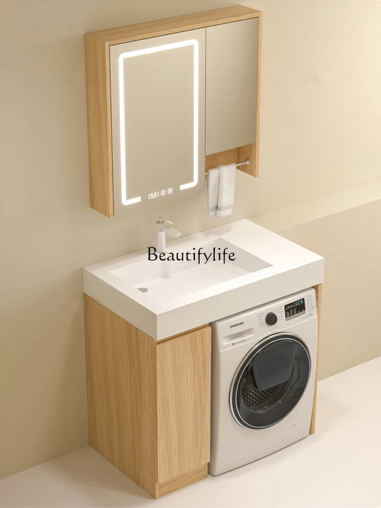 

Balcony Washing Machine All-in-One Cabinet Bathroom Solid Wood Bathroom Cabinet Combination Washstand Corner Cutting