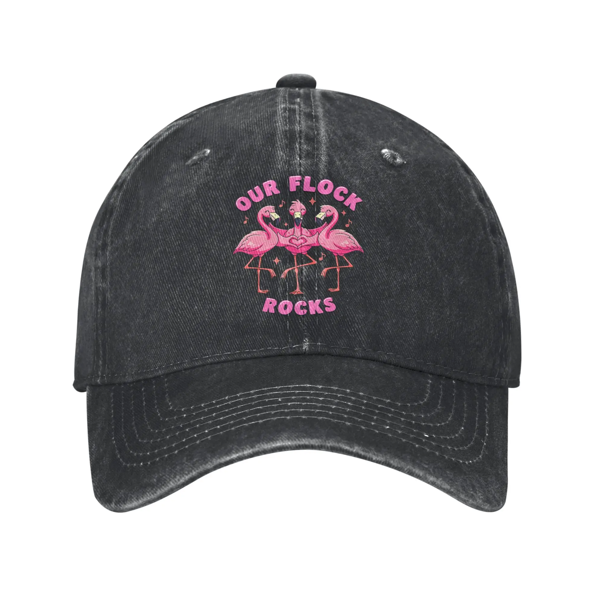 Funny Pink Flamingo Our Flock Rocks Baseball Caps Vintage Distressed Denim Snapback Cap Unisex Outdoor All Seasons Soft Hats Cap