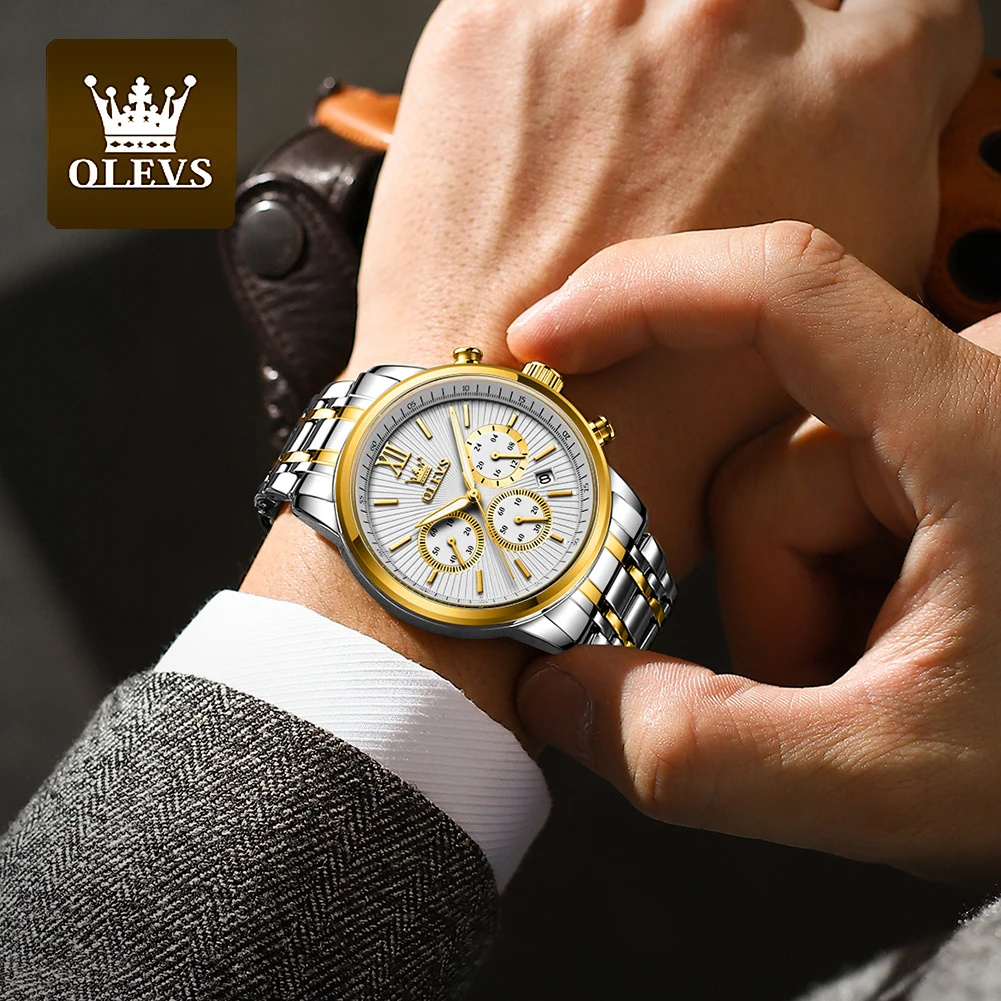 OLEVS TY709 Men\'s Watches Classics Three Small Dial Waterproof Stainless Steel Luminous Fashion Original Quartz Watch for Man