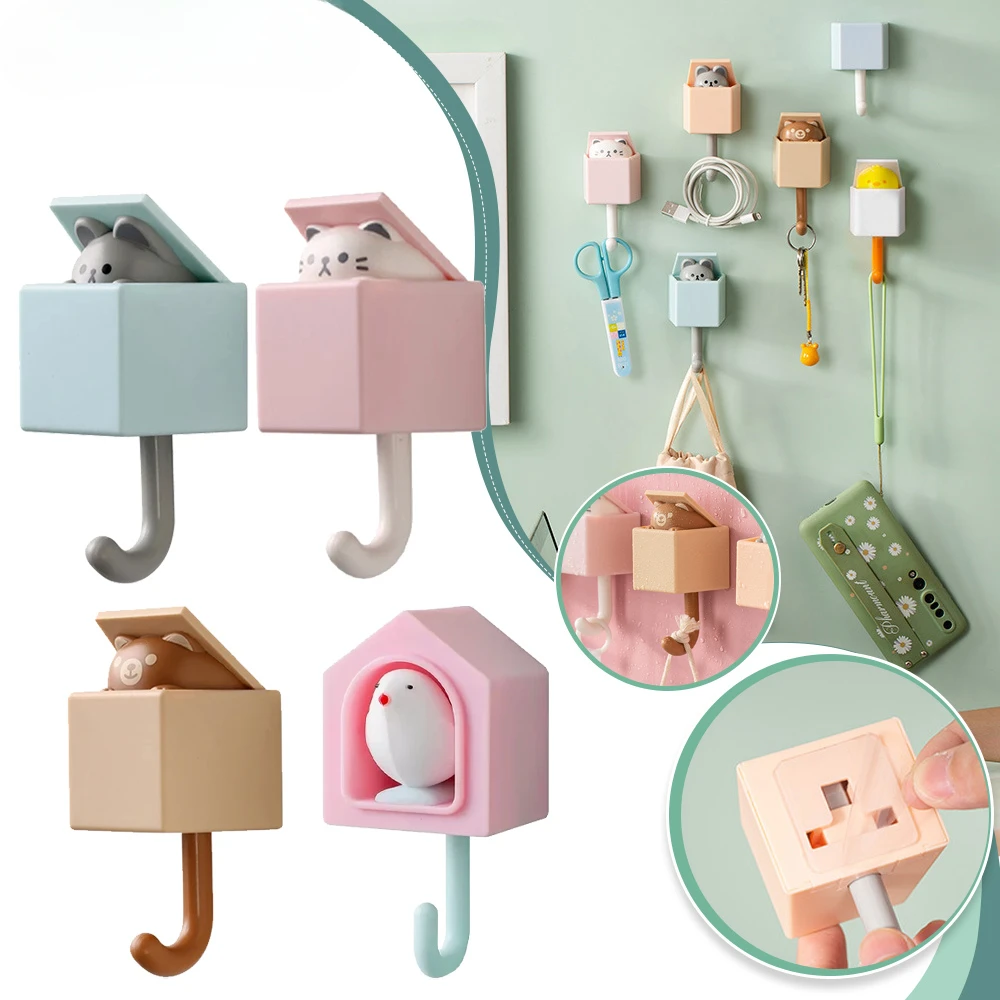 Cartoon Cat Hooks Key Umbrella Towel Hat Clothes Rack Self-adhesive Dormitory Bedroom Door Hooks Wall Animal Decorative Racks