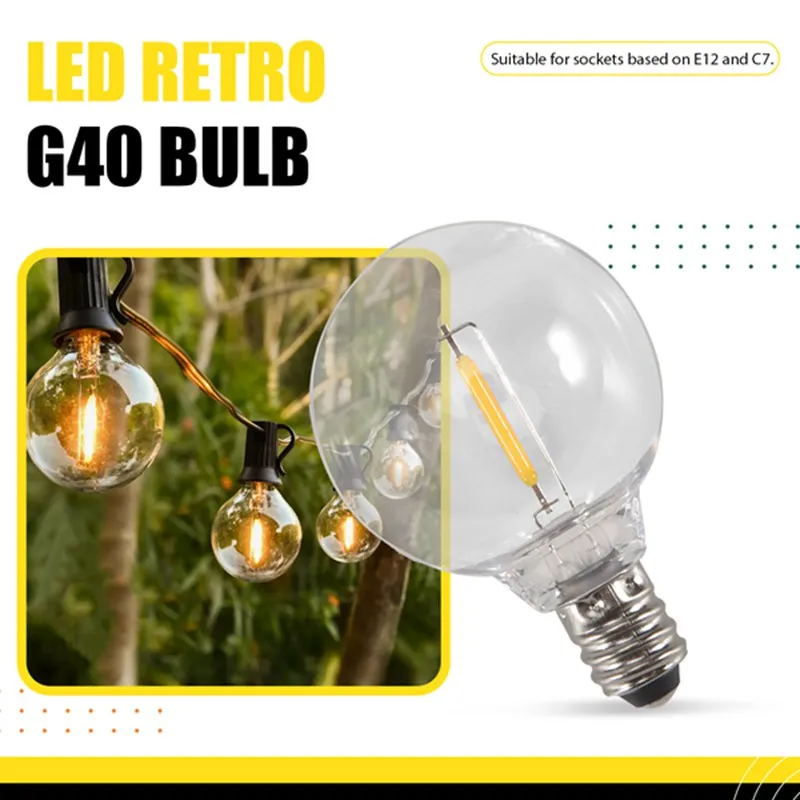 A31Z-20 Pcs G40 LED Replacement Light Bulbs E12 Screw Base Shatterproof LED Globe Bulbs For Solar String Lights Warm