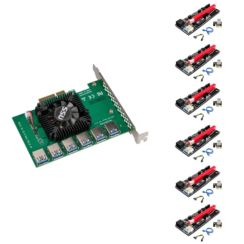 Top-6Pcs PCI-E Express 4X To 16X Riser Card Adapter PCIE 1 To 6 4 Slot Pcie Multiplier Card For BTC Bitcoin Miner Mining